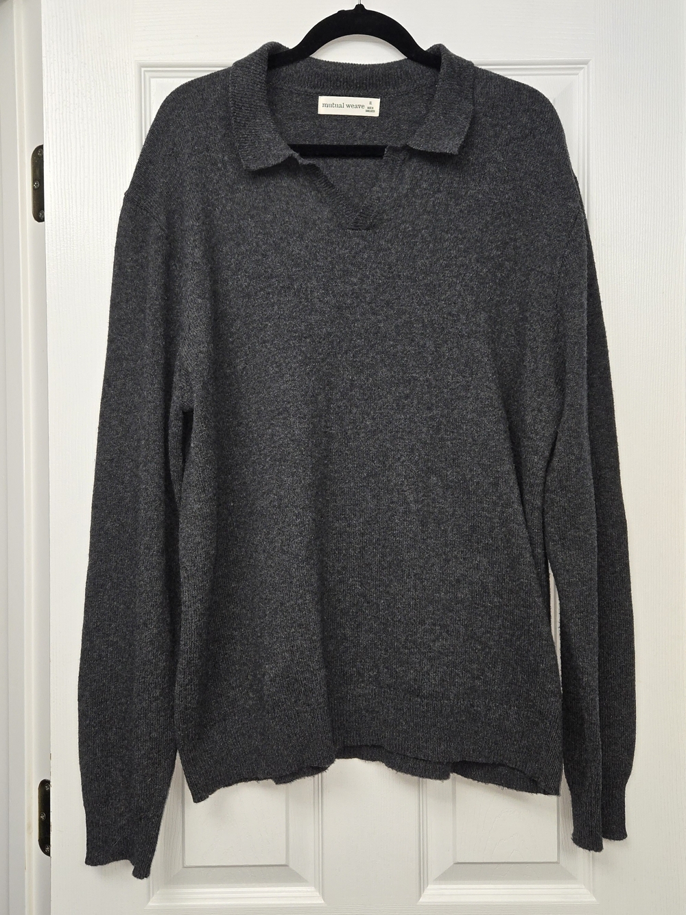 Mutual Weave Mens XL Charcoal Grey Wool Blend Johnny Collar Johnny Polo Sweater